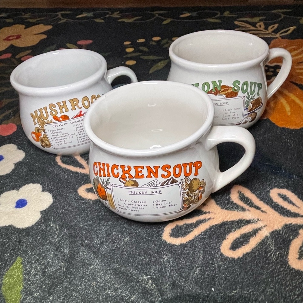 Vintage Soup Recipe Ceramic 3 Mug / Cup Set